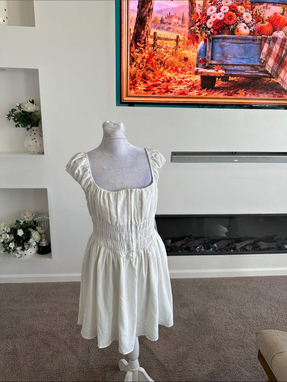 White Short-Sleeve Smocked Mini Dress
